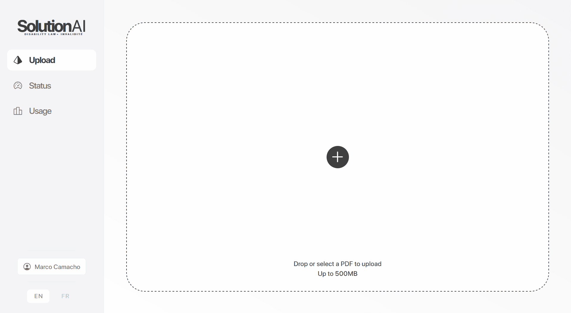 Interface to upload, track and manage documents.